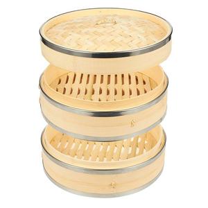 Bamboo Steamer with Steel Rings - 2-Tier Dumpling Steamer - Bun Steamer, 10 x 6.7 x 10 Inches