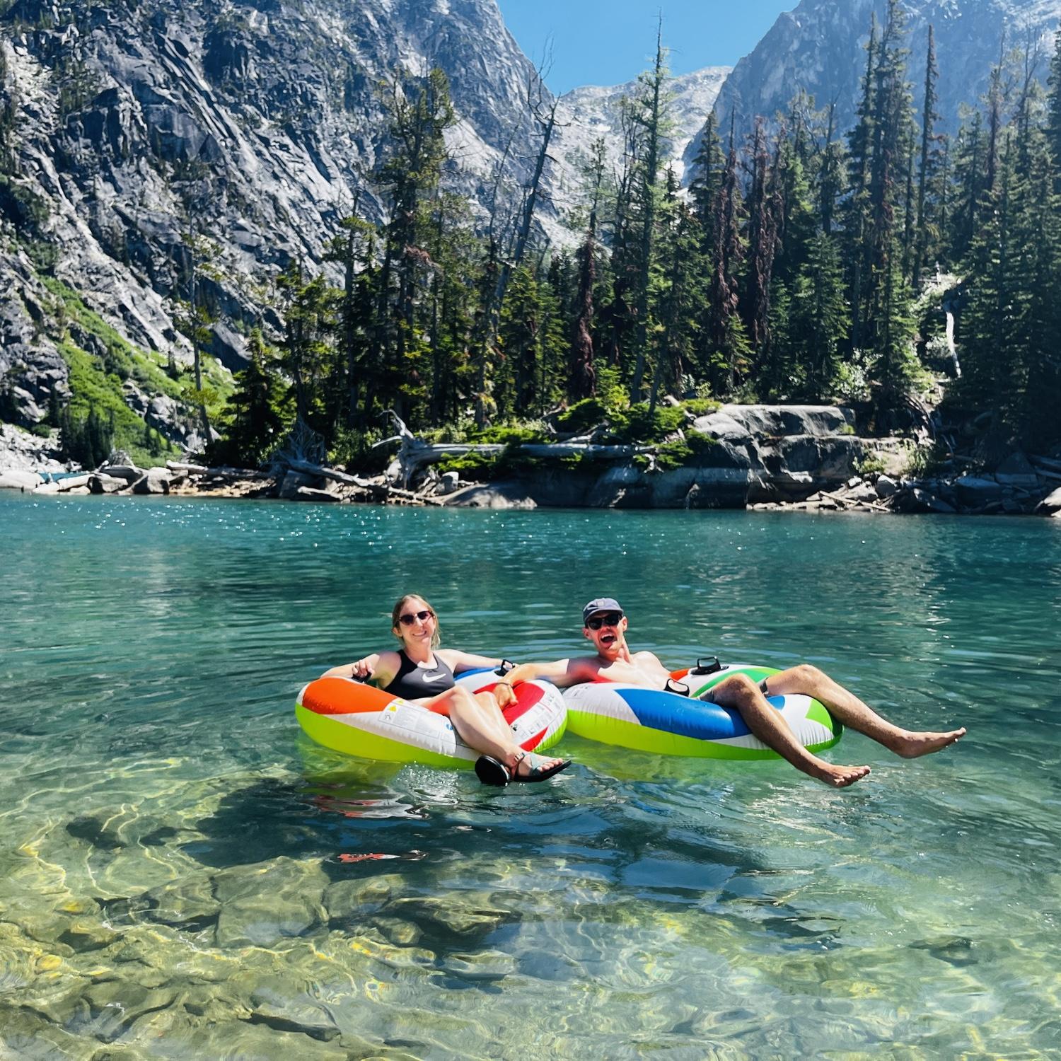 We backpacked to Colchuck lake with floaties strapped to our packs so we could play in the frigid lake.
