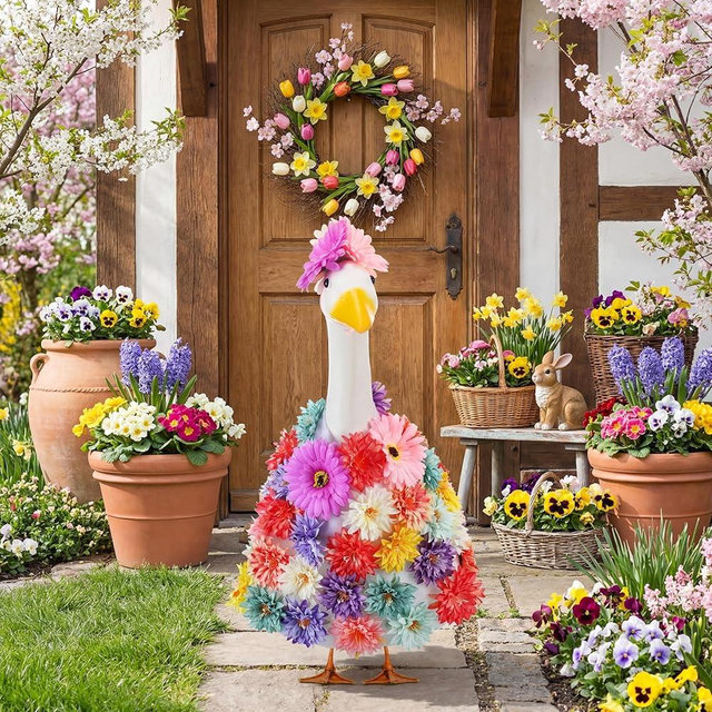 Abbylike 1 Set Spring Flower Porch Goose Outfits Colorful Spring Yard Goose Outfits Costume Clothes Fits Large 23'' Cement for Garden Yard Statue Pathway Decorations