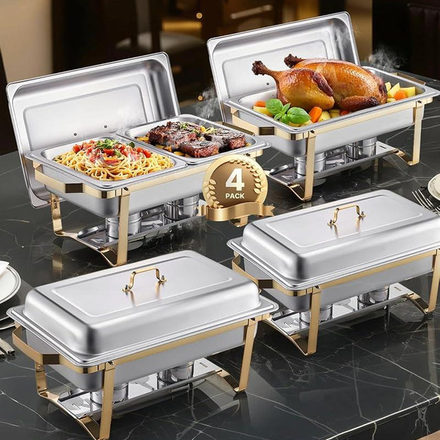 VEVOR Chafing Dish Buffet Set, 8 Qt 4 Pack, Stainless Steel Chafer with 2 Full Size and 4 Half Size Pans, Rectangle Catering Warmer Server with Lid Water Pan Stand, for Weddings Parties Banquets, Gold