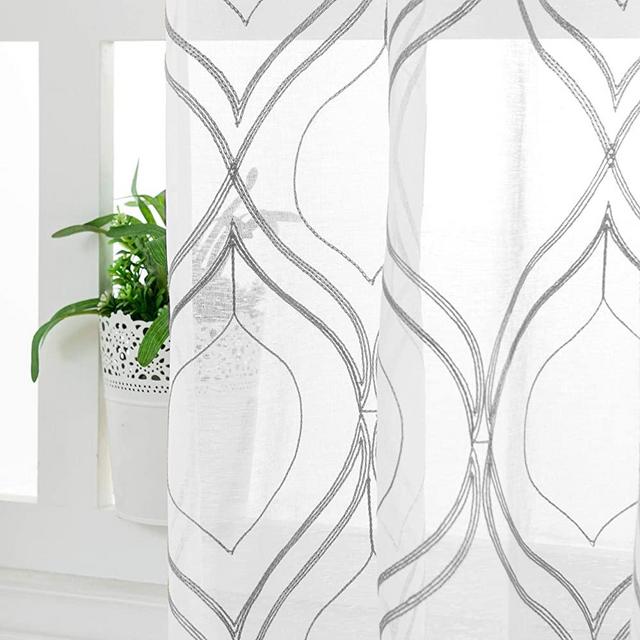 VISIONTEX Moroccan Embroidered Trellis White Sheer Curtains Panels, Decor French Textured Rod Pocket Voile Tulle Semi Window Treatment Drapes, Set of 2, Width 54 inch x Length 84 inch, Grey