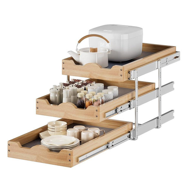 DINDON 3 Tier Pull Out Cabinet Organizer 14”W X21”D Slide Out Shelves With Shelf Liner for Kitchen Wood Roll Out Drawers Pantry Organization