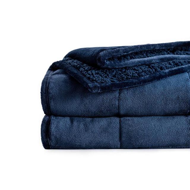 BUZIO Sherpa Fleece Weighted Blanket 15 lbs for Adult, Unicolor Ultra-Soft Fleece and Sherpa, Dual Sided Cozy Plush Blanket for Sofa Bed, 60 x 80 inches, Navy Blue