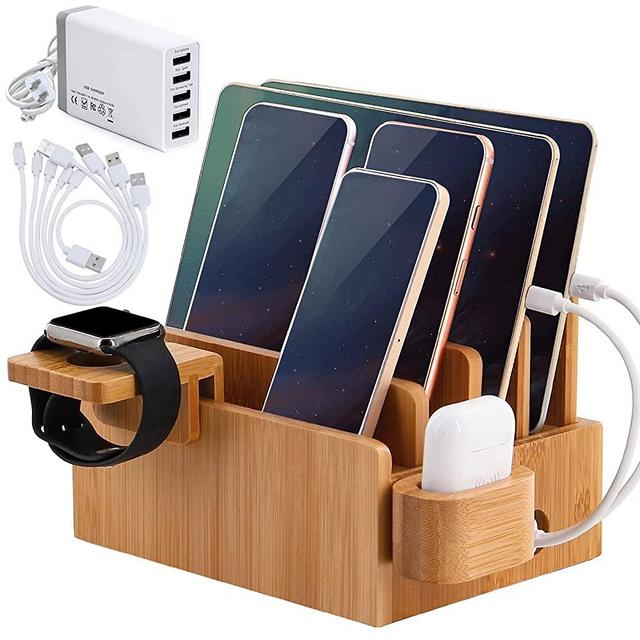 Bamboo Charging Station for Multiple Devices (Included 5 Port USB Charger, 5 Pack Charge & Sync Cable, Watch&Earbuds Stand), Electronic Device Desktop Organizer for Cellphone, Tablet, Watch, Earbuds
