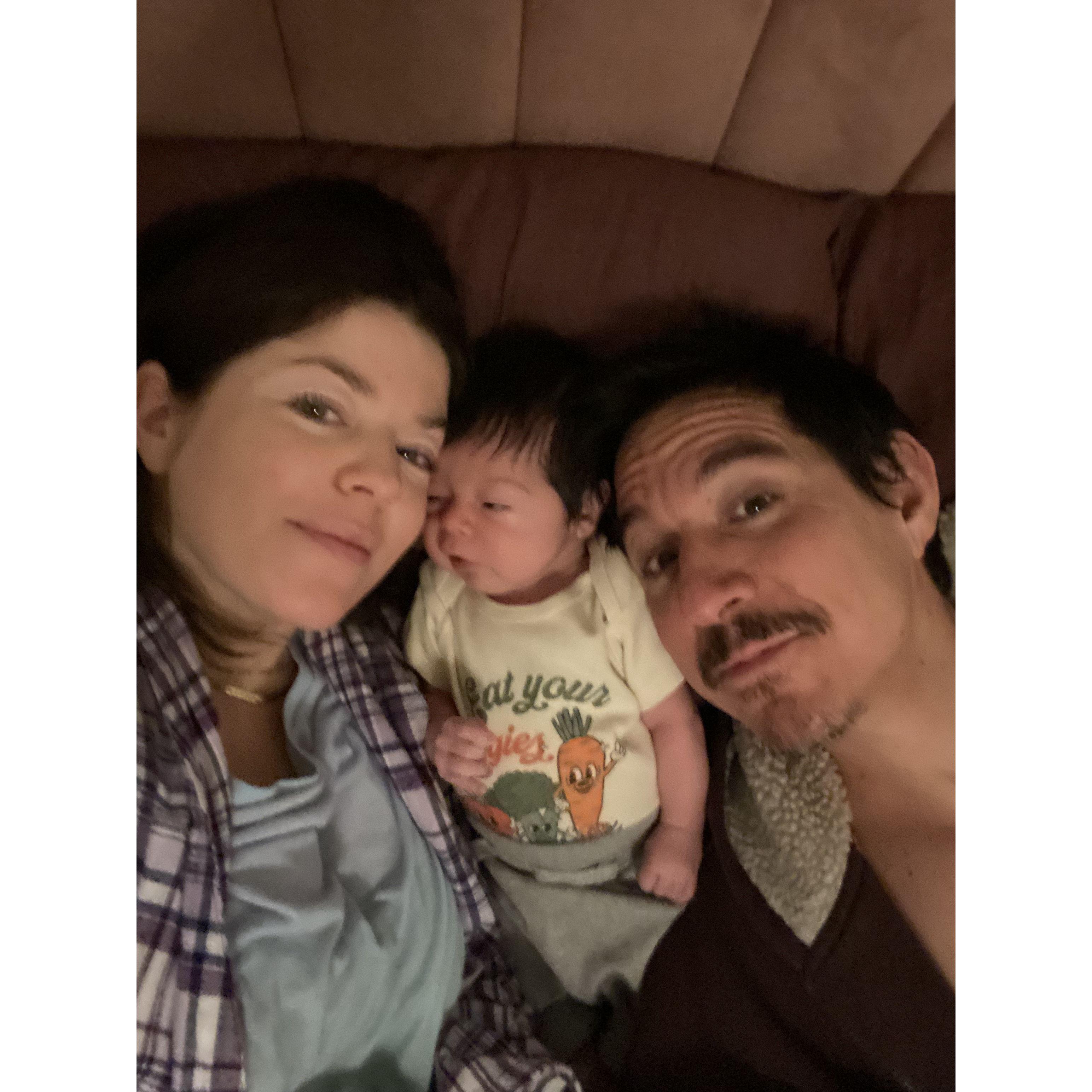 Alex, Jason, and Lucas' first family photo (in bed).