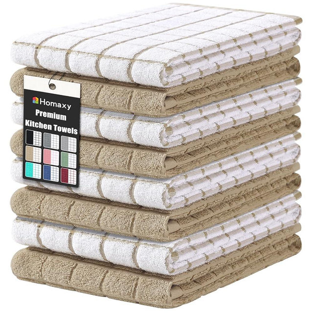 Homaxy Premium Cotton Kitchen Towels 16"x 28", Large Natural Ring Spun 390 GSM Dish Towels, Super Absorbent Terry Kitchen Hand Towels, Soft Tea Towels with Hanging Loop, Tan Check Design, 8 Pack
