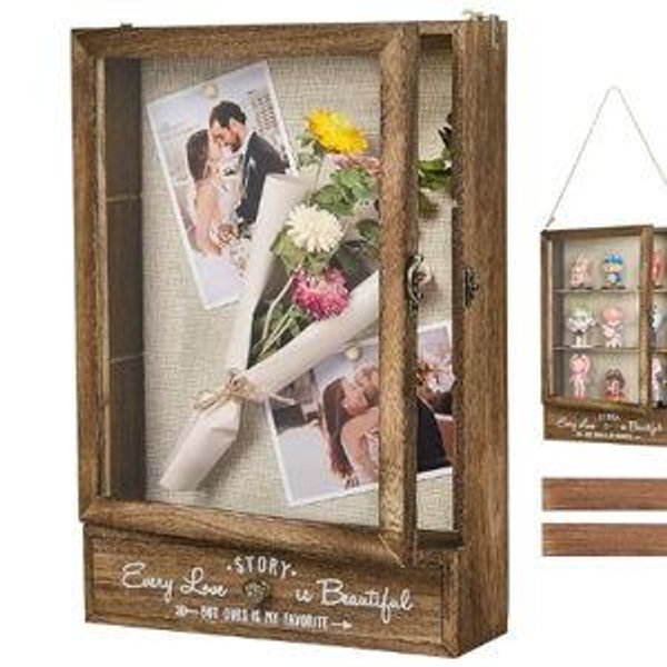 AW BRIDAL 11X16 Large Shadow Box Picture Frames Deep Shadow Boxes Display Cases with Removable Shelves and Drawers, Brown Wooden Memory Boxes for Keepsakes with Slot Christmas Decorations Gifts