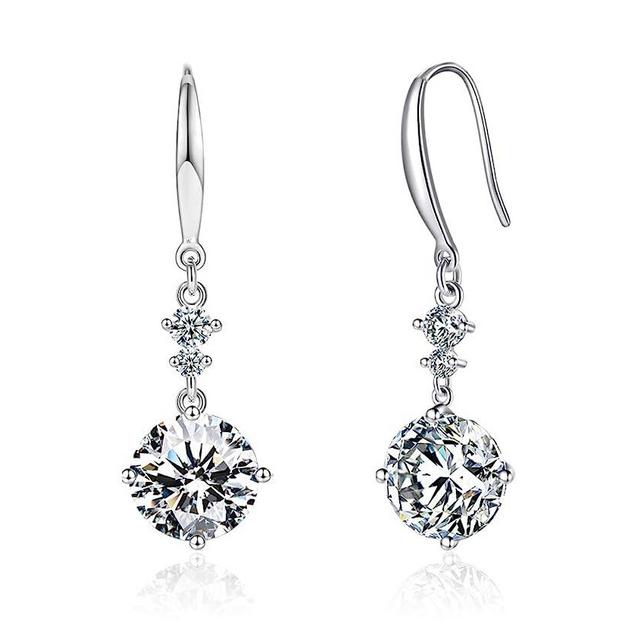 Drop Dangle Earrings 925 Sterling Silver Hook with 9MM 2.75ct CZ and 2pcs Small Cubic Zirconia Design 14K White Gold Plated Hypoallergenic Gorgeous Gift for Women and Girls