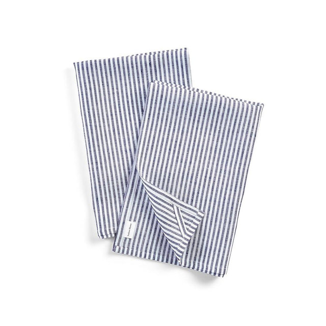 Solino Home Linen Kitchen Towels Set of 2 - Navy and White 17 x 26 Inch - 100% Pure Linen Narrow Stripe Kitchen/Tea Towels - Machine Washable and Handcrafted from European Flax