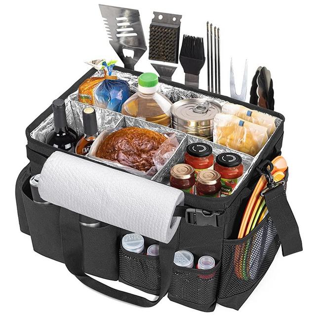 HODRANT Large Grill Utensil Caddy with Paper Towel Holder, Collapsible Picnic Bag Organizer for BBQ Supplies, Tailgating Accessory Basket Camping Gear Must Haves for Cook Essentials, Black, Bag Only