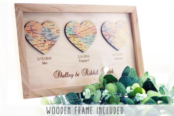Met Engaged Married Personalized Framed Map Love Story Engagement Personalized Map Heart Art Wedding gift for Couples Engagement Gift  #3