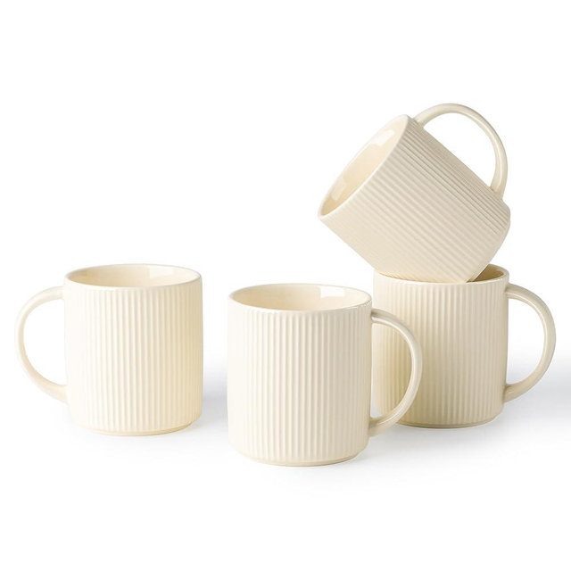 theterra Ceramic Coffee Mugs Set of 4, 14.2oz Handmade Coffee Cups with Handle for Latte, Tea, Milk, Beer, Hot Cocoa, Beige