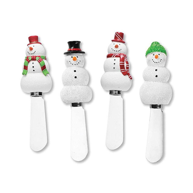 Mr. Spreader 4-Piece Snowman Hand Painted Resin Handle with Stainless Steel Blade Cheese Spreader, for Cheese Lover, Xmas Party, Christmas and Everyday Use