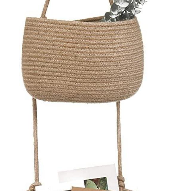 Over The Door Hanging Basket, 2 Tier Cotton Rope Woven Baskets, Magazine Racks Organizer, Wall mount Hanging Storage Basket Farmhouse Boho Home Décor for Living Room, Bathroom and Bedroom (Jute)