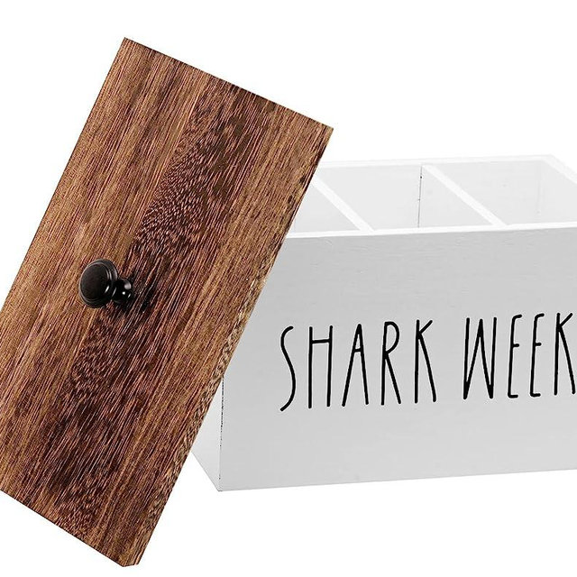 TIMECOSY Tampon Holder for Bathroom, Farmhouse Accessories Decor Feminine Product Storage Containers, Vanity Lid Organizer Countertop Pad Dispenser Shark Week Period Toilet Wood Box