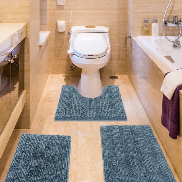 Striped Haze Blue Bathroom Rug Set 3 Pieces Ultra Soft, Non Slip Chenille Bath Carpet, Absorbent Plush Shaggy Bath Mats for Bathroom, Toilet, Bedroom, Stone Blue