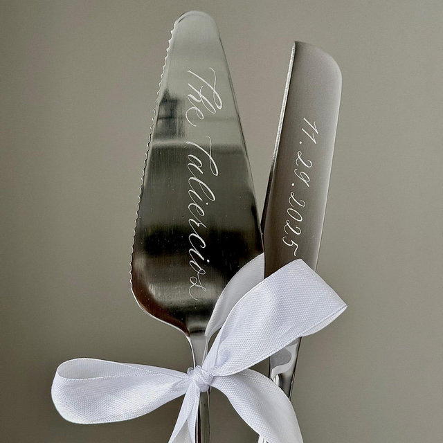 Hand Engraved Wedding Cake Knife and Server Set: Stainless Steel, Gold or Silver, WITH BOX