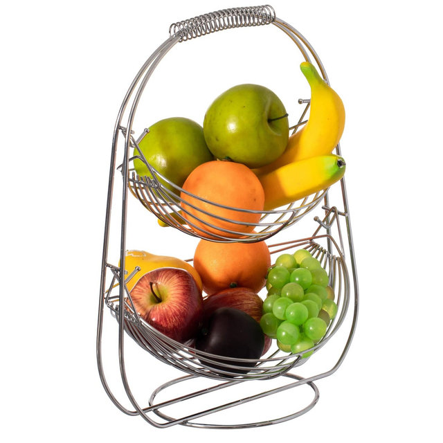 Basicwise 2 Tier Metal Fruit Holder Swing Basket for Kitchen | Detachable Countertop Vegetables Storage Organizer with Display Hammock Stand