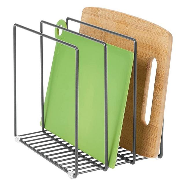 mDesign Metal Wire Organizer Rack for Kitchen Cabinet, Pantry, Shelves - Organizer Holder, 3 Slots for Skillets, Frying Pans, Lids, Cutting Boards, Vertical or Horizontal Placement - Graphite Gray