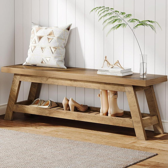 Tribesigns 55" Wood Entryway Bench with Shoe Storage, Large 2-Tier Narrow Hallway Foyer Seating Bench with Open Shelves for Entryway, Bedroom, Mudroom