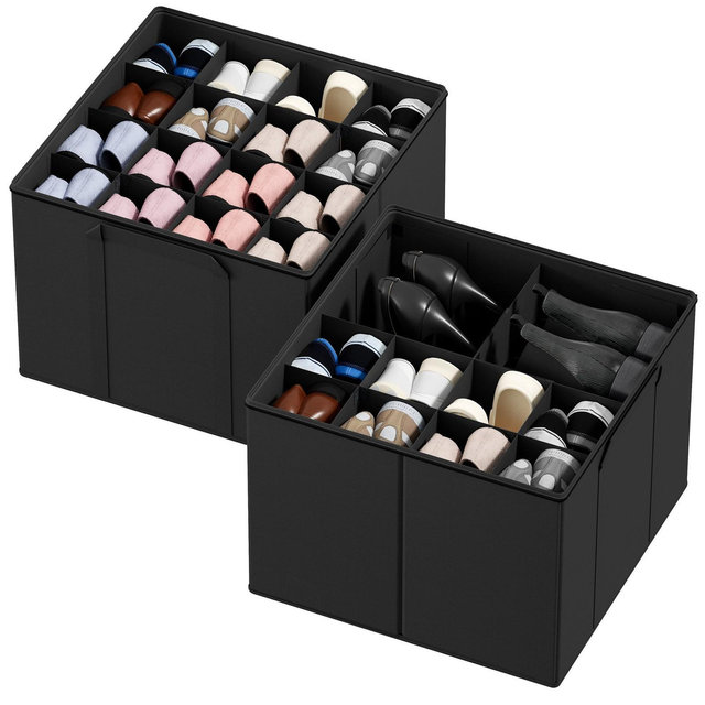 2 Pack Shoe Storage Organizer for closet, a set of 2 foldable shoe storage containers with adjustable dividers,Black-SpaceAid®