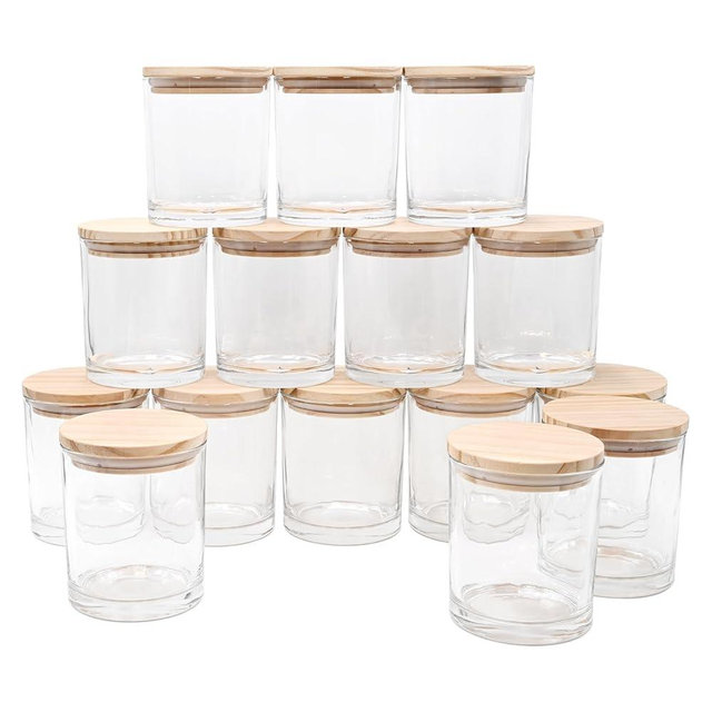 SHOWIN 10 OZ Thick Candle Jars for Making Candles 15 Pcs, Empty Jars with Wood Lids for Candle Making, Sample Container, Clear