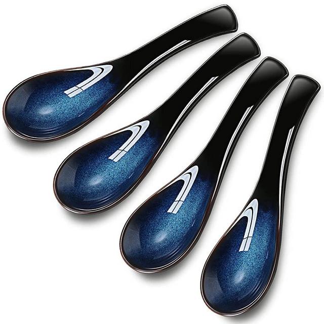 4 Pieces Japanese and Korean Ceramic Soup Spoons Set Long Handle Rice Spoons Retro Blue Ramen Bowl Soup Spoon Suitable for Soup, Gravy, Cake, Oatmeal, Dumplings