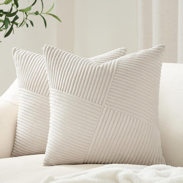 Topfinel 22x22 inches Pillow Covers Set of 2 Cream White Corduroy Decorative Throw Pillow Covers for Sofa Couch Bed, Windmill Textured Striped Patchwork Couch Spring Pillow Case 60x60 cm