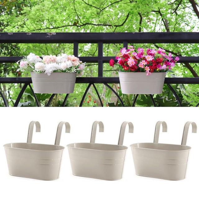 Meltset 3 Pack Metal Iron Hanging Flower Pot, Oval Railing Fence Garden Balcony Planter Pots, Metal Bucket Flower Holders for Wall Indoor Outdoor Home Décor, Gray