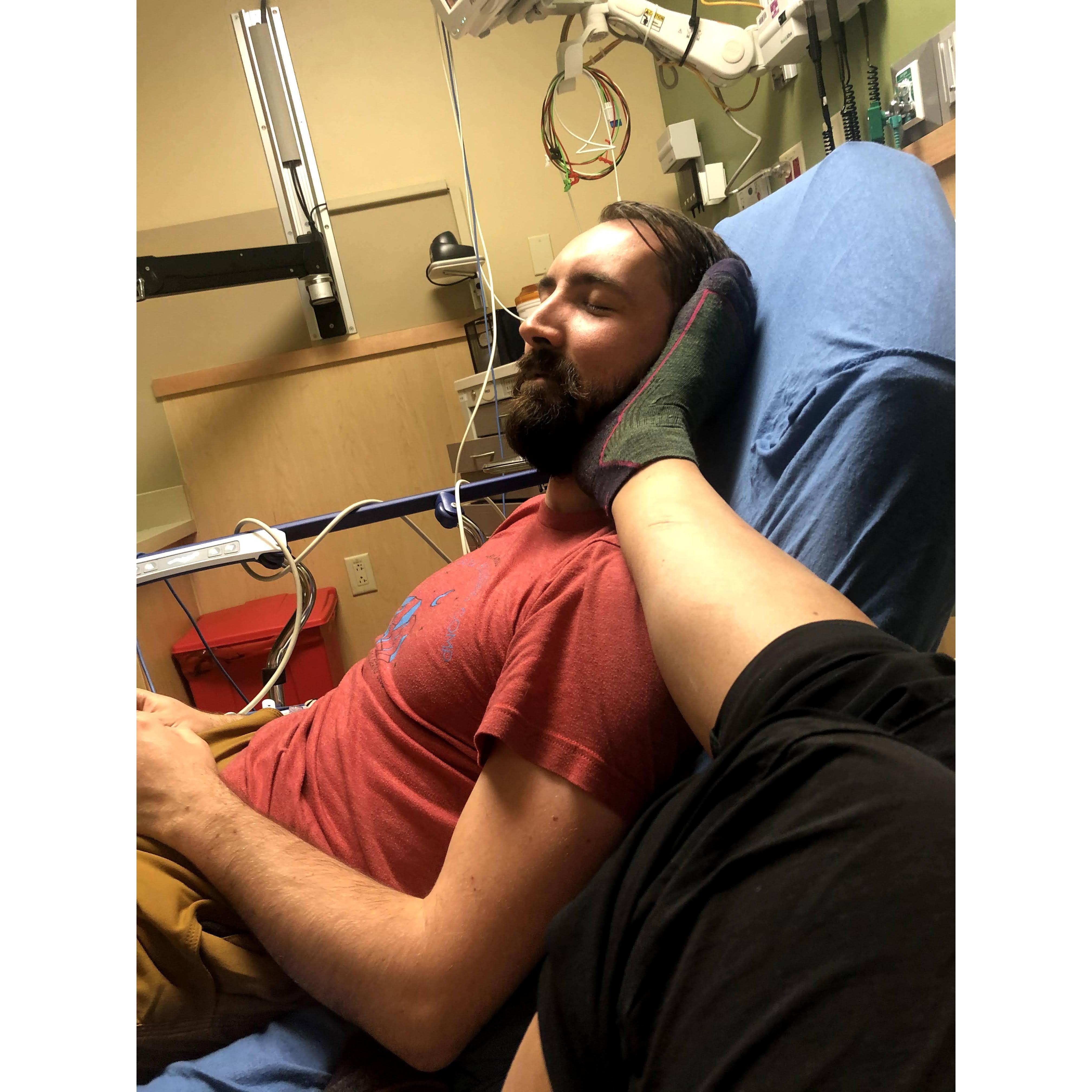 Our first picture together. This was around 7 hours into Jamie's snakebite emergency room visit when we began to get delirious.