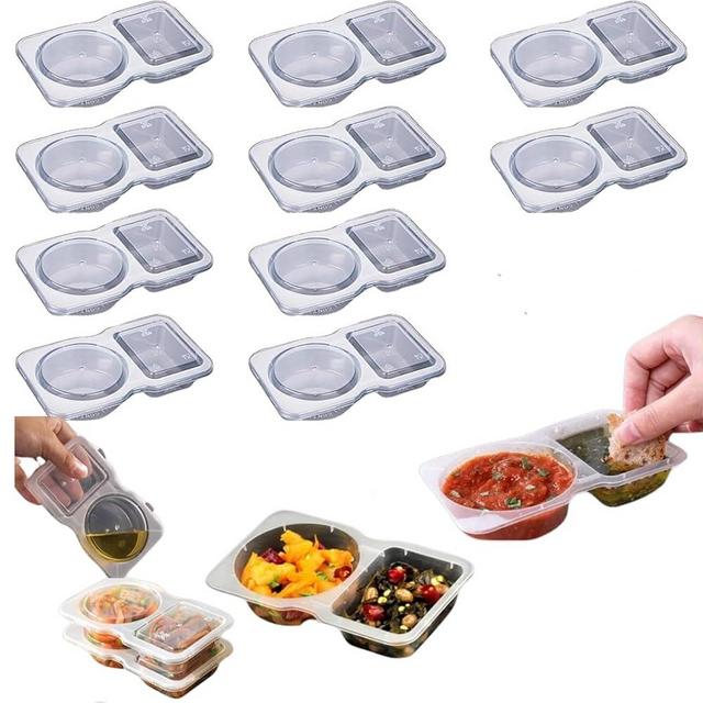 Uioecn 10PCS Double Compartment Condiment Container,Double Compartment Condiment Container with Lids, 2 Compartment Snack Containers, Portable Reusable Sauce Containers