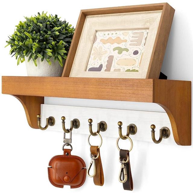 Rebee Vision Key Holder for Wall with Shelf : Fall Farmhouse Home Decor with 5 Rustic Keys Hooks and Decorative Wooden Mail Organizer Wall Mount - Decorative House Decor (Light Brown)