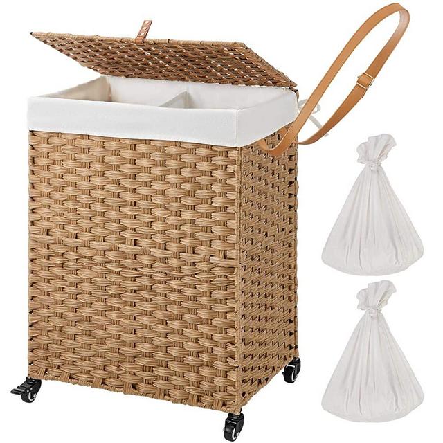 GREENSTELL Laundry Hamper with Wheels & 2 Removable Liner Bags, 90L Divided Handwoven Hampers, Synthetic Rattan Clothes Laundry Basket with Lid & Handles, Foldable Hampers Natural 18x13x26.4 in