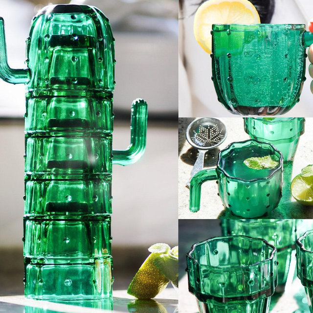 Gökotta Set of 6 Cactus Stacking Glasses | Saguaro Mid Century Glassware Drinking Cocktail Cups Gift Set | Handmade Green Glass