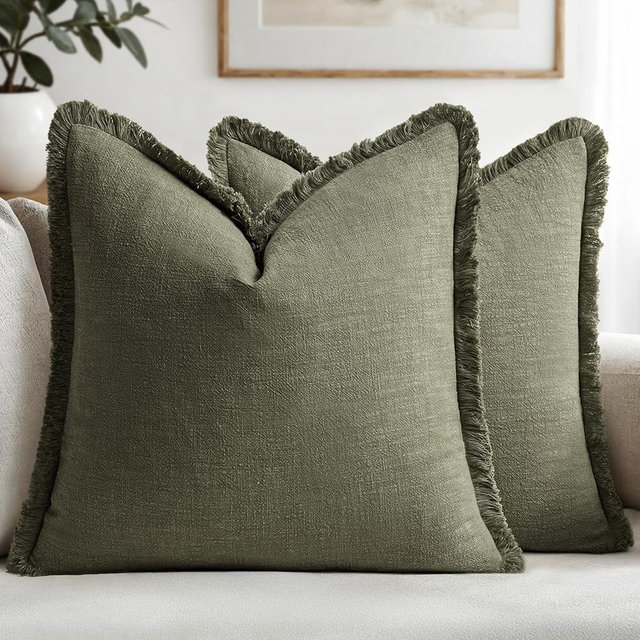 MIULEE Decorative Throw Pillow Covers Neutral Linen Fringe Throw Pillows Euro Shams Set of 2 Olive Green Boho Farmhouse Cushion Covers for Couch Sofa Bed Living Room Spring Home Decor 22x22 Inch