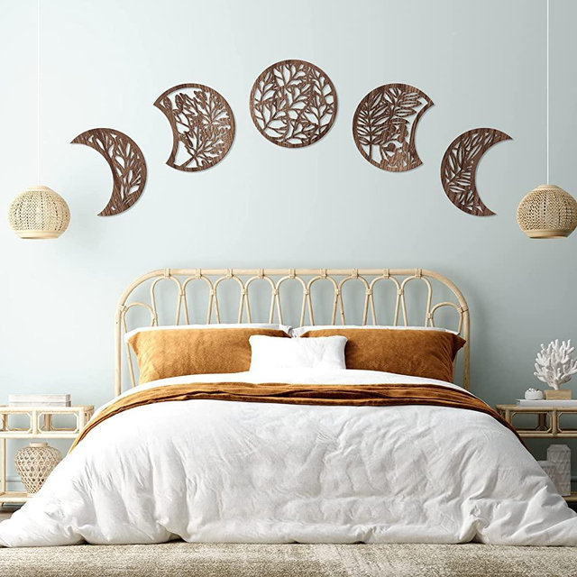 5 Pieces Wall Hanging Decor Wooden Decoration Moon Phases Decorative Nordic Moon Decor for Room Bar Ornament (Brown)
