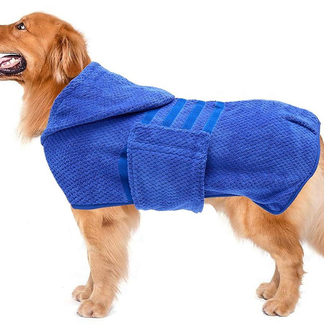 Geyecete Dog Drying Coat with Hood for After Bath Bathrobe Towel Dog Drying Coat for Wet Walking in Rain/Snow-Dry Fast Dog Bag-Pineapple Grid Fast Drying-Blue-3XL