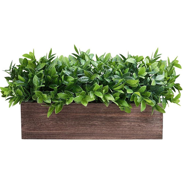 Winlyn 14" Artificial Boxwood Plants in Rectangular Wood Planter Farmhouse Greenery Arrangement Centerpiece Faux Potted Herb Plant for Wedding Dining Room Table Kitchen Windowsill Mantel Shelf Décor