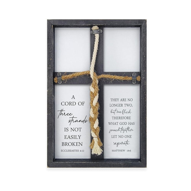 A Cord of Three Strands Wedding Sign Wall Decor 15x10 Inch Christian Marriage Art Wood Framed Braid for Wedding Ceremony Ideas Religious Couple Anniversary Wall Hanging (Black)