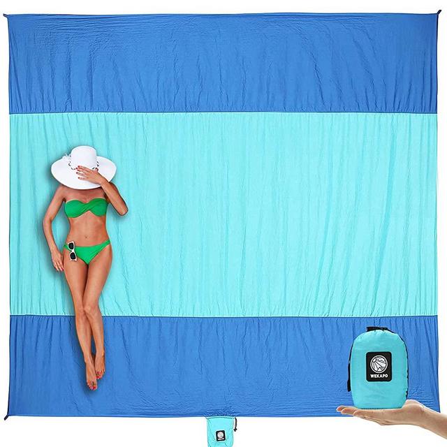 Wekapo Sand Free Beach Blanket, Extra Large Beach Mat, Big & Compact Sand Proof Mat Quick Drying, Lightweight & Durable with 6 Stakes & 4 Corner Pockets