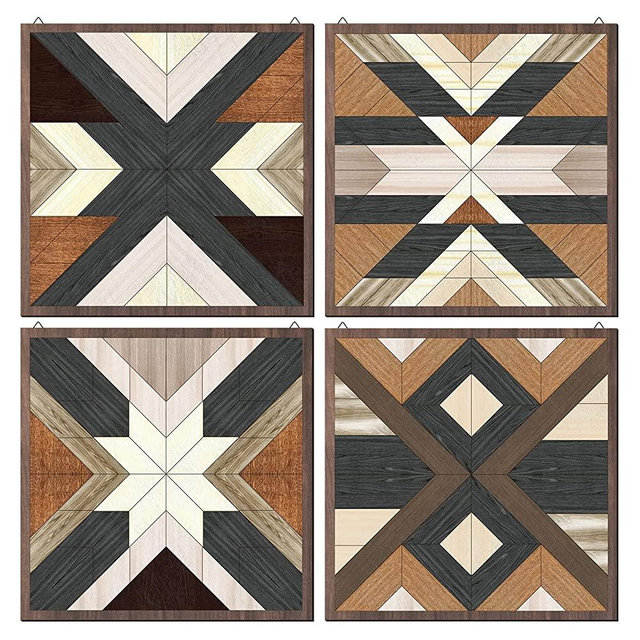 Qunclay 4 Pieces Wood Wall Art Wooden Aztec Wall Decor Boho Western Wall Decor Diamond Sign Farmhouse Home Wall Art Prints on Wood for Apartment Bedroom Living Room, 11.8 x 11.8 Inches