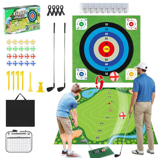 ASTRAEA Golf Chipping Game, Golf Battle Game with Hitting Mat for Kids Adults Indoor and Outdoor, 60" x 60" Double Sided Practice Mat with 2 Clubs & 20 Sticky Balls for Backyard