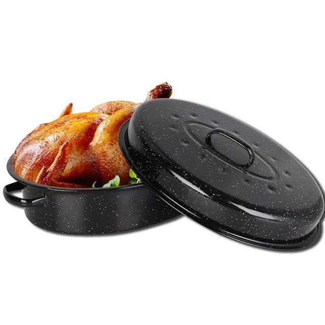Letschef Roasting Pan 15Lb 18.3 inch Roaster Pan Set Enamel Oven Roaster Pan with Lid for Turkey Chicken Cookware
