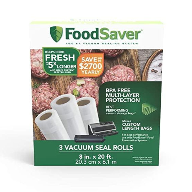 FoodSaver 8" x 20' Vacuum Seal Roll with BPA-Free Multilayer Construction for Food Preservation, 3-Pack
