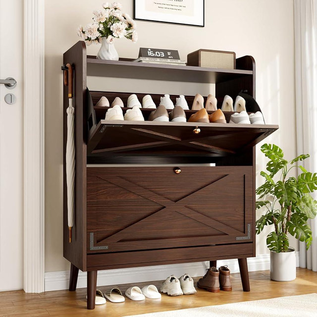 Wanfuder Shoe Storage Cabinet with 2 Flip Drawers & Adjustable Shelves, Freestanding Shoe Cabinet with Side Hooks Narrow Shoe Rack Cabinet for Entryway, Hallway, Rustic Brown