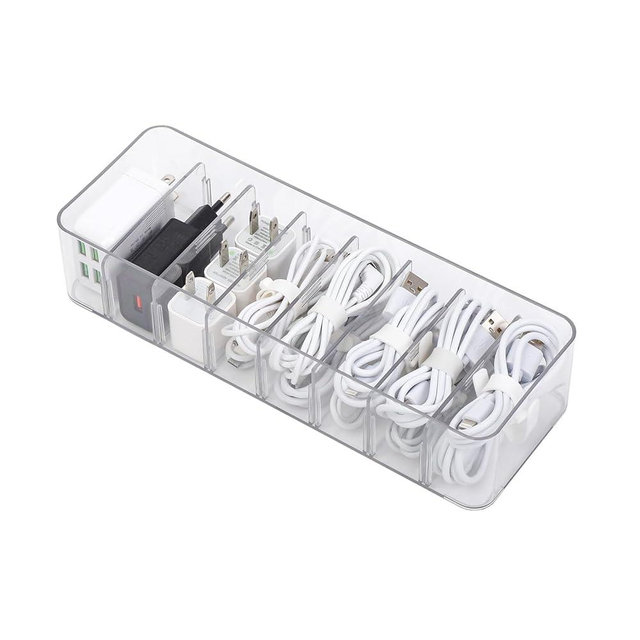 Yesesion Clear Plastic Cable Organizer Box with Adjustment Compartments, Desk Accessories Storage Case with 10 Wire Ties for Drawer, Office Supplies, Electronic Management, Battery and Charger