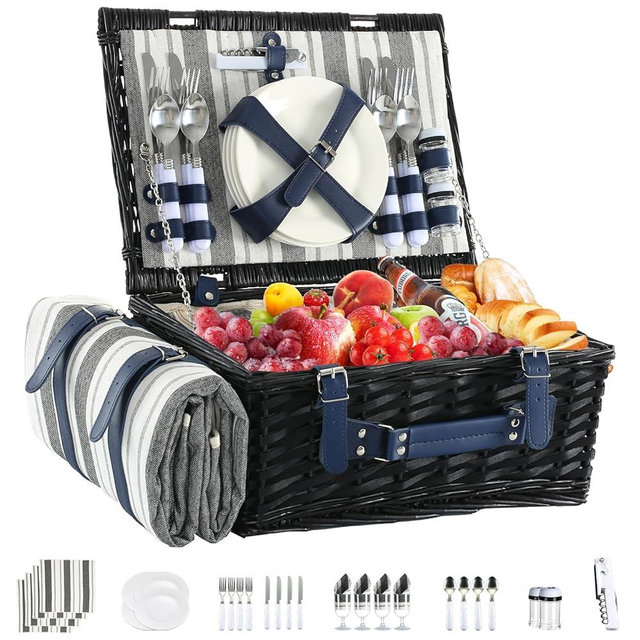 YPshuye Picnic Basket Set for 4 with Waterproof Picnic Blanket and Insulated Cooler, Large Wicker Picnic Hamper for Christmas, Camping, Outdoor, Valentine's Day, Birthday, Wedding Gift