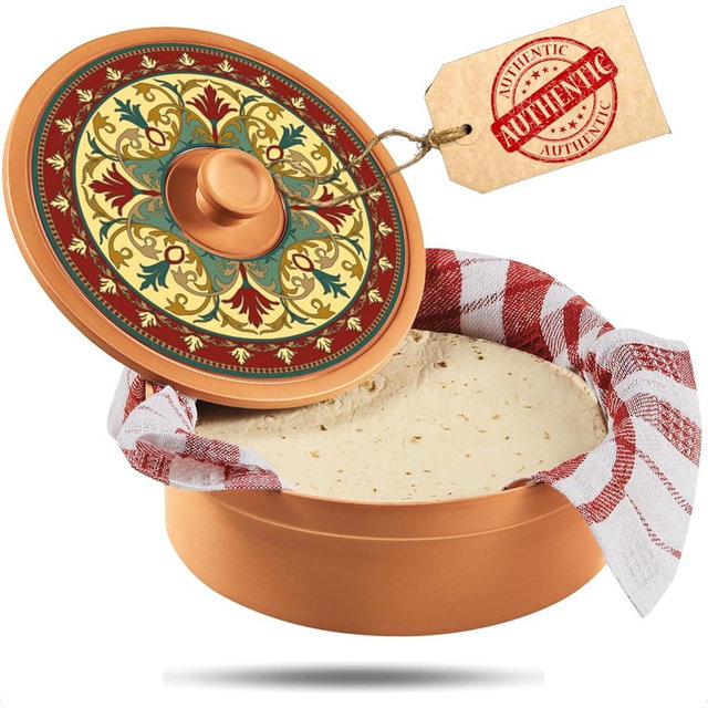 woobud Authentic Terracotta Tortilla Warmer w Decorative Lid, Mexican Terra Cotta Tortilla Holder w Warmer Cloth, Traditional Clay Tortillas Keeper Heater & Tortillero, Arabesque