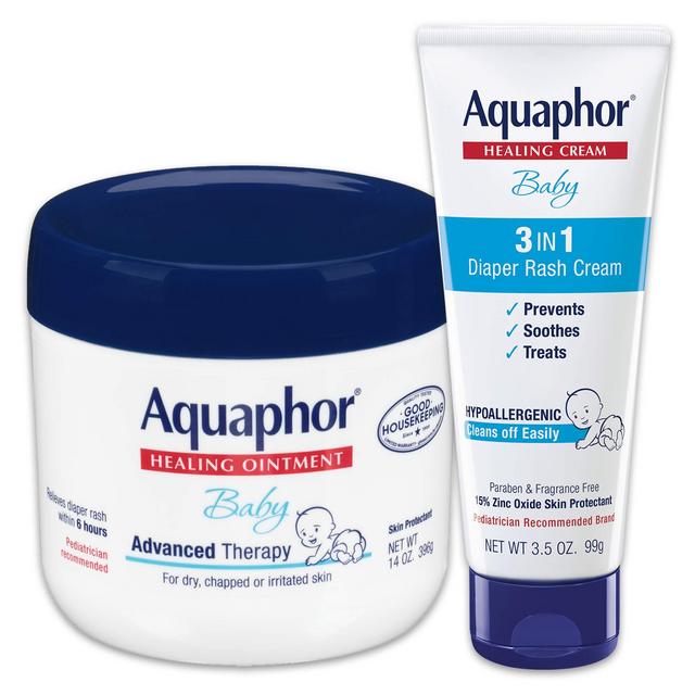 Aquaphor Baby Skin Care Set - Fragrance Free, Prevents, Soothes & Treats Diaper Rash - Includes 14 oz. Jar of Advanced Healing Ointment & 3.5 oz Tube of Diaper Rash Cream