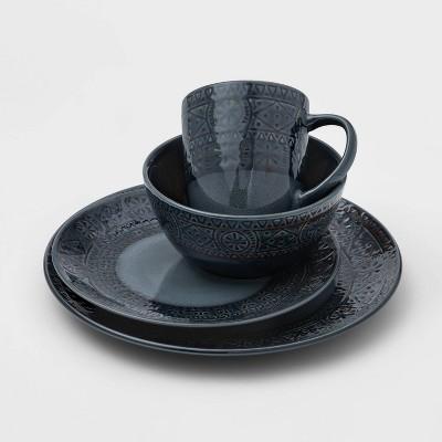 16pc Ceramic Kingfield Debossed Dinnerware Set Blue - Threshold™
